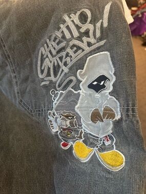 Vintage Style Baggy Men's Grey Jeans with Hooded Character Graphic 36x33